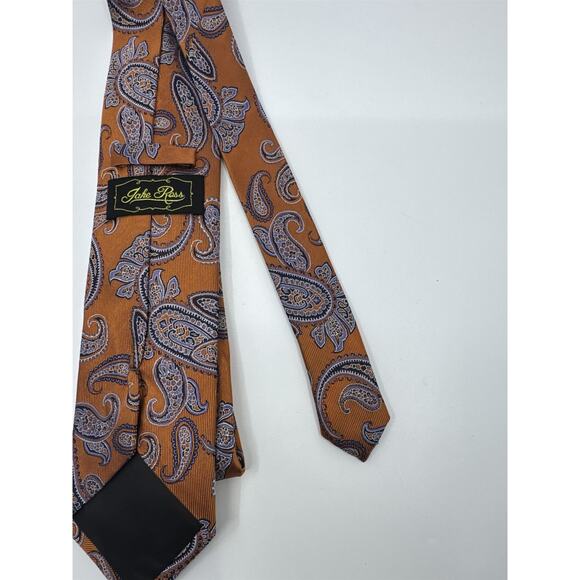 Jake Ross Orange and Blue Paisley Pattern Men's Neck Tie - Picture 12 of 15